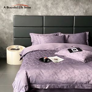 Juego de ropa de cama de algodón egipcio Jacquard Juego de lujo suave y sedoso elegante Purple Flores nórdicas Casas de almohadilla de la cama 240417