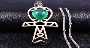 Egyptian Cross en acier inoxydable Green Stone Charm Collier pour femmes Collier de couleur argentée Collier Femme NXS04 Colliers de pendentif5736772