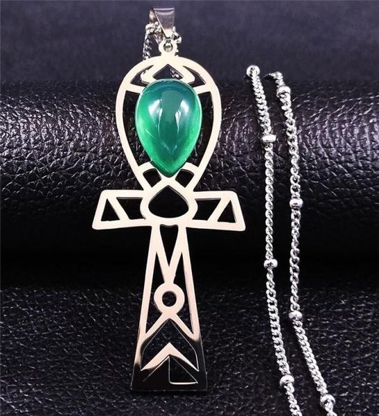 Collar con dije de piedra verde de acero inoxidable con cruz egipcia para mujer, joyería de color plateado, collar para mujer NXS04, collares pendientes 4185301