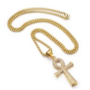 Egyptien Iced Out Ankh Cross Pendant Collier pour femmes hommes 14K Chaines d'or Hiphop