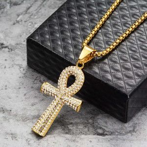 Egyptische iced out Ankh Cross hanger ketting voor vrouwen mannen gouden kleur 14k gele goudketens hiphop oude Egypte sieraden