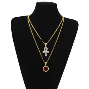 Grands colliers pendentif clé Ankh égyptiens Ensembles ronds Saphir rubis avec strass Croix Charms Chaînes à maillons cubains pour hommes Hip Ho219W