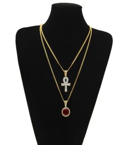 Colliers pendentif clé égyptienne Ankh Ensembles ronds Saphir rubis avec strass Charms Chaînes à maillons cubains pour hommes Hip Hop Jewelry9370456