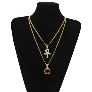 Grands colliers pendentif clé Ankh égyptiens Ensembles ronds Rubis Saphir avec strass Croix Charmes Chaînes à maillons cubains pour hommes Hip Ho269w