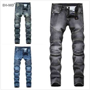 EHMD moto Patchwork Jeans hommes écailles de poisson décoré lavé coupe ajustée plissé haute élastique couleur unie pantalon automne hiver G0104