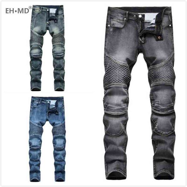 EHMD motocicleta Patchwork Jeans hombres escamas de pescado decorado lavado Slim-fit plisado alto elástico Color sólido pantalones Otoño Invierno G0104