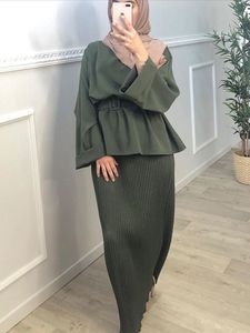 Eid 2 Stuks Geplooide Jurk Set Vrouwen Elegante Moslim Bijpassende Belted Top + Lange Rok Pak Islam Dubai Turkije Arabische bescheiden Abaya Ramadan