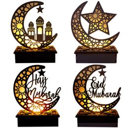 Eid Mubarak Ramadan Houten Decor Hollow Moon Star Blessing Word Decoratie voor Happy Eid Mubarak Home Room Table Decoration