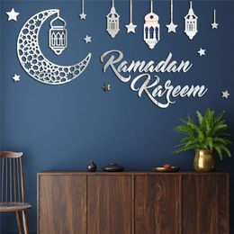 Eid Mubarak Wall Sticker Lantaarn Maan Acryl Mirror Sticker Ramadan Decor voor Home Islamitische Kareem Muslim Party 220607