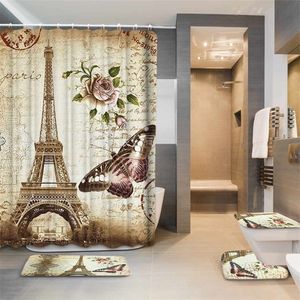 Eiffel París Paisaje Impresión Baño Cortina de ducha Conjunto Impermeable Antideslizante Pedestal Alfombra Tapa Tapa de inodoro Juego de alfombrillas de baño T200711