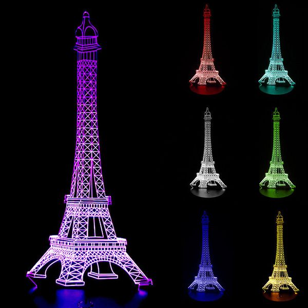 Diseño de la Torre Eiffel Lámpara de ilusión 3D Luz de noche LED Iluminación para el hogar Regalo de 7 colores Decoración de Navidad # T56