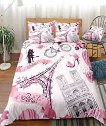 Tour Eiffel ensemble de housse de couette rose filles ensemble de literie romantique Paris linge de lit filles amoureux textiles de maison Couple literie C10201583024