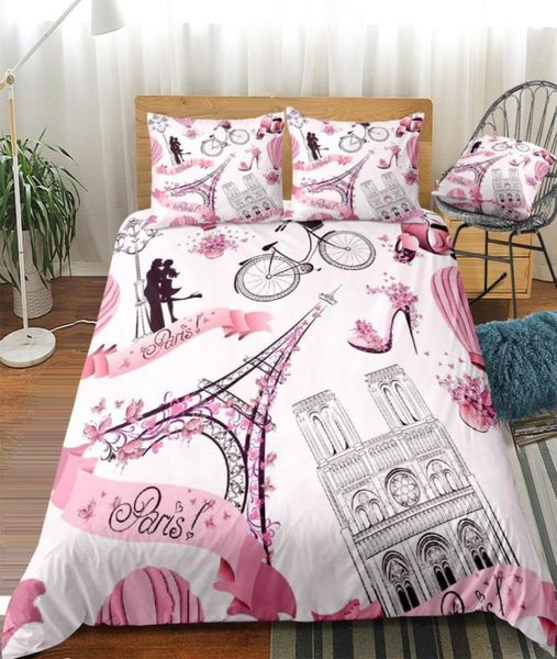 Tour Eiffel ensemble de housse de couette rose filles ensemble de literie romantique Paris linge de lit filles amoureux textiles de maison Couple literie C10201583024