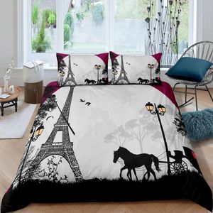 Eiffel Tower Drumbunda Conjunto de cubierta de reina Romance Vintage Vintage Paris Francia Conjunto de ropa de cama de periódico antiguo