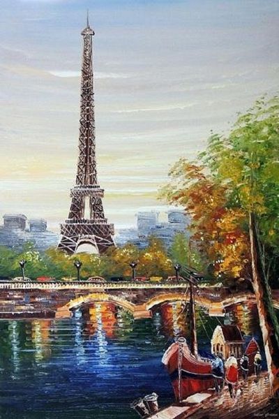 Tour Eiffel Paris Seine Bateaux de haute qualité peint à la main HD Imprimer mondialement célèbre Art Peinture à l'huile sur toile Décor à la maison Multi Tailles