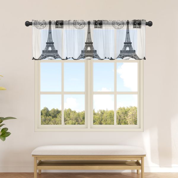 Eiffel Tower Retro Vintage Stamp Negro Blanco Cortinas de tul de Tul para sala de estar Cortina corta para la cocina dormitorio Sheer Voile Drapes