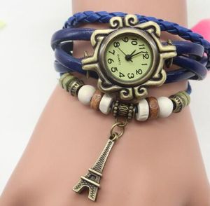 Eiffel Tower Tag Armband Horloge Touw Weave Dame Persoonlijkheid Vintage Klok Kralen Cirkel Lederen Riem Legering Hanger Horloge