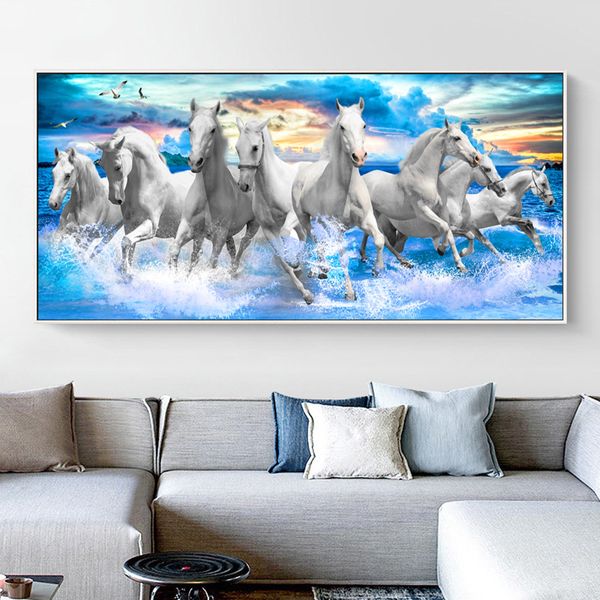 Huit chevaux courant dans la mer toile peinture mur Art animaux photos pour salon chambre moderne décoration de la maison