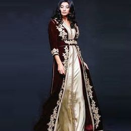 Achtale Caftan Avondjurken Bourgondië Marokko Kaftan Velvet V-Neck Arabische Dubai Appliques Lange mouwen Bourgundy prom feestjurk