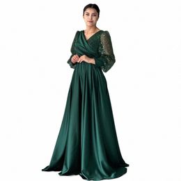 Eightale Dark Green Evening Dres V-Neck Shiny Glitter LG Sheeves Satin A-Line Party Prom Jown Vestidos de Noche J0yx#