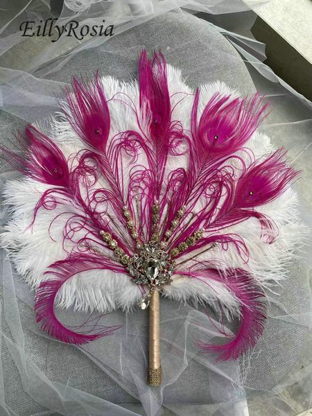 Eillyrosia alternativa avenida de avestruz de plumas broche bouquet para la novia fucsia pavo real pluma ventilador nupcial para la fiesta de gatsby de la década de 1920