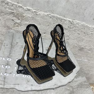 EILYGEN 2021 Nieuwe Sexy Geel Mesh Pumps Sandalen Vrouwelijke Vierkante Teen Hoge Heel Lace Up Cross-Tied Stiletto Hollow Dress Shoes SLHSDCBSDGDSGDSG