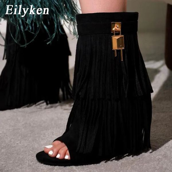 Eilyken Designer Fringe Calages Boot Sandals Femme High Heels Open Toe Prom Chaussures 2024 Sexy Zipper Female Pumps 240328