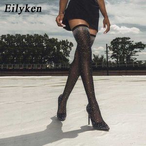 Eilyken Fashion Fashion Runway Cristal Tissu Stretch Tissu Chaussette Bottes Poiny Toe Toe sur-The-The-The Heel Thigh High pointe Toe Toe Boot 210911