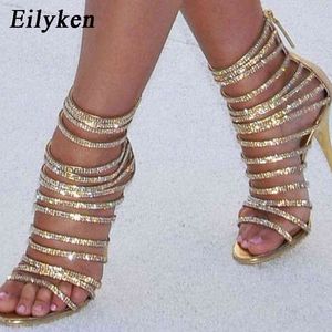 EILYKEN GOUD BLING Crystal Sexy Sandalen Hoge Hakken Strappy Gladiator Vrouwen Sandal Stiletto Bruiloft Rijn Stone Grootte 35-42 C0410