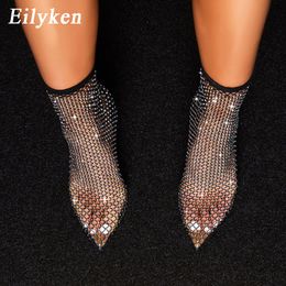 Eilyken Nuevo diseño Crystal Rhinestone Mesh Stretch Fabric Sock Boots Moda PVC Transparente Zapatos de punta estrecha Sexy Tacones altos CX200820
