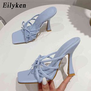 Eilyken nouveau Design mode papillon noeud bout carré violet pantoufles talons hauts femme été sandales diapositives chaussures
