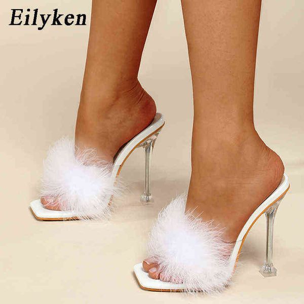 Eilyken Nouveaux chaussures en pvc femme plumes transparentes talons hauts pompes de fourrure pantoufles femmes toe carré mules glissades