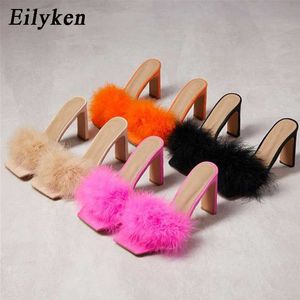 Eilyken, zapatillas sexis de piel de plumas para mujer, zapatos de tacón alto para fiesta a la moda de verano, sandalias deslizantes de gladiador para mujer Q0508