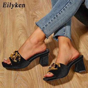 EILYGEN ZOMER CARNAVAL PARTIJ DAMEN SLIPPERS Mode Ketting Ontwerp Dames Sandalen Gladiator Open Teen Vierkante Hakken Schoenen Vrouwelijke 210903