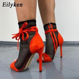 Eilyken Summer Zipper Boots Sandals Black Mesh Sexy Peep Toe Lace Up Women Shoes Stiletto High Talon 11,5 cm Pole Dance Bottises 240412