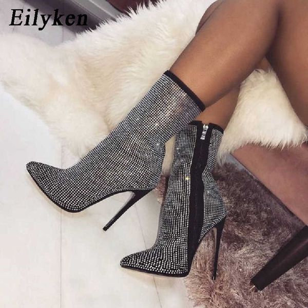 Eilyken Botas de tobillo para mujer Tallas grandes 35-42 Rhinestones Tacones altos Zapatos Mujer Zip Punta puntiaguda Botas de motocicleta sexy para mujeres 210911