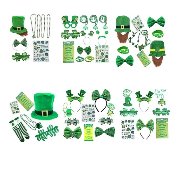 Eire Patrick's Day accessoires de fête de fête Décoration Ensemble Irish Hat Green Bow Cheveux Bague Shamrock Lunettes Trèfle Chaussettes Chaussures Hair W8