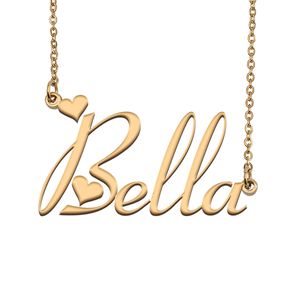 Bella nom collier pendentif pour femmes filles cadeau d'anniversaire plaque signalétique personnalisée enfants meilleurs amis bijoux en acier inoxydable plaqué or 18 carats