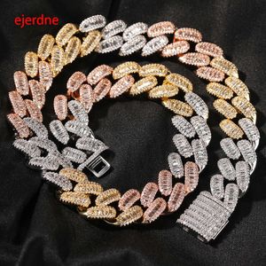 Ejerdne 15 mm Baguette Cuabn Chain Prong Setting 3 kleuren Miami Choker Iced Out Chain Bling Cz ketting Hiphop sieraden