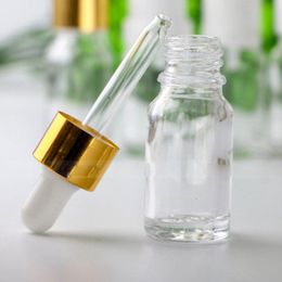 Ejuice glazen druppelaar fles 10 ml met glazen gouden dop voor etherische olie e vloeistof 10 ml heldere flessen