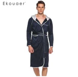 Ekouaer hommes décontracté Roze à capuche manches longues Patchwork poche peignoir avec ceinture mâle vêtements de nuit vêtements de nuit gris bleu marine S-XL