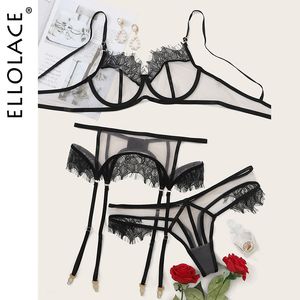 ELACE Sexy Lingerie Kant Dames Ondergoed Transparante BH 3 Stuk Set BH en Panty Set Black See through Erotic Lingerie X0526