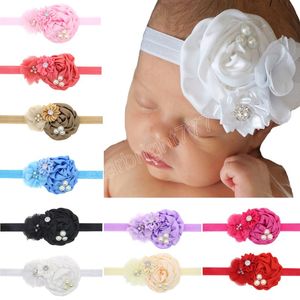 Bandeau élastique à fleurs de roses pour bébés filles, ruban en mousseline de soie Floral avec perle, accessoires de cheveux pour nouveau-nés et enfants, cadeaux