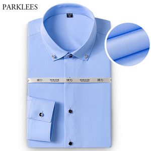 Camisa de bambú elástica para hombre, camisas de vestir informales con botones para hombre, botones de diamante, trabajo de negocios, Chemise Homme, Camisa ajustada azul 210524