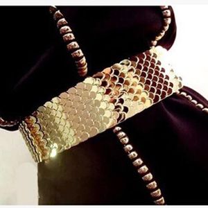 Ceinture noire élastique femmes ceinture dorée écailles de peau de poisson en métal ceintures décorées ceinture extensible Punk Patchwork femme robe ceinture