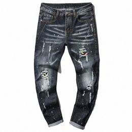 elastische Merk Mannen Denim Jeans Gat Geruïneerd High Street Fi Patch Trendy Slim Fit Cool Dagelijks Nieuwe Collectie Hip Hop Broek 36rI #