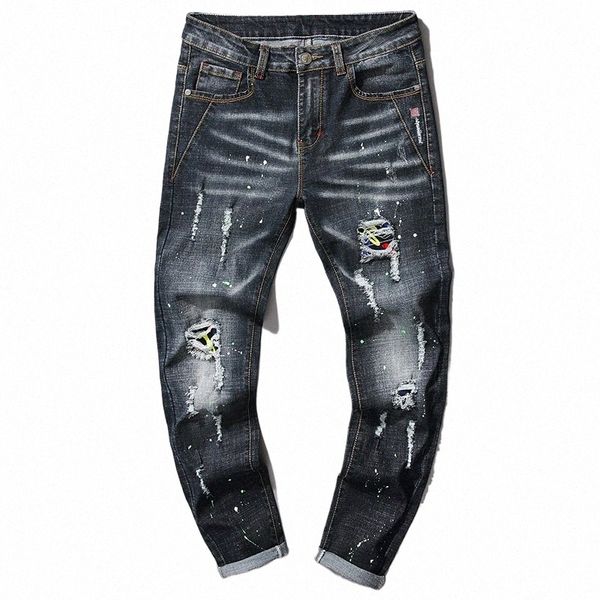 Marque élastique hommes Denim Jeans trou ruiné High Street Fi Patch tendance Slim Fit Cool quotidien nouveauté pantalon Hip Hop 36rI #