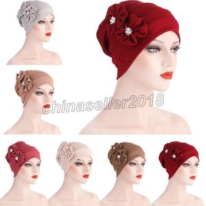 Élastique mode Turban chapeau couleur unie femmes fleur indien chapeau foulard Bonnet intérieur Hijabs casquette musulman Hijab Femme enveloppement tête