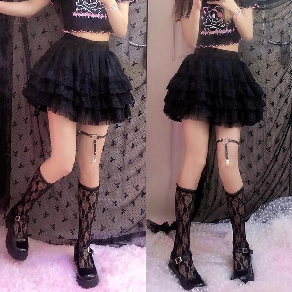 Elastic gótico de encaje tutú falda mujeres negros malla detallado en caldera sexy mini tul skirts club de fiesta ropa bailarina 240520