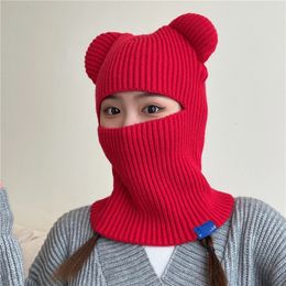 Cagoule de protection élastique, chapeau à capuche, tricoté, yeux exposés, oreilles d'ours, équitation chaude en plein air, coupe-vent, écharpe intégrée, bonnet 231229